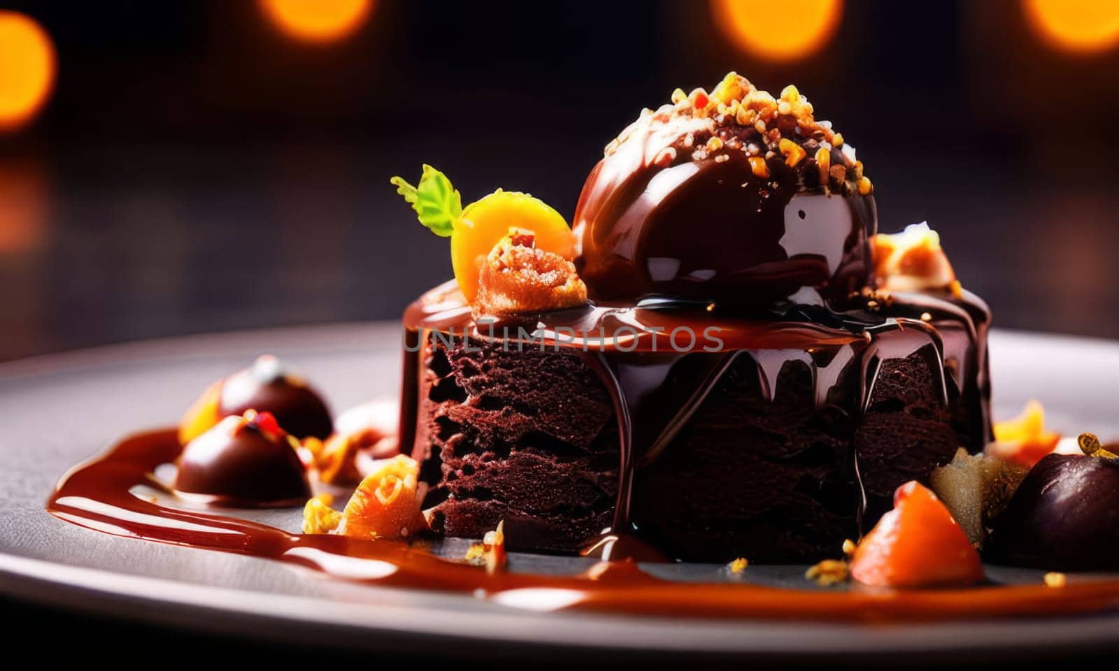Decadent piece of chocolate cake oozing with rich, velvety chocolate sauce, tempting you with its irresistible sweetness. For recipe websites, cookbooks, dessert advertisements, cafe, culinary blog. by Angelsmoon