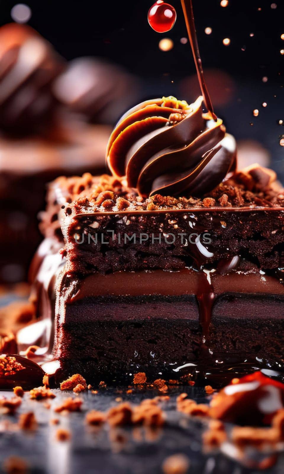 Decadent piece of chocolate cake oozing with rich, velvety chocolate sauce, tempting you with its irresistible sweetness. For recipe websites, cookbooks, dessert advertisements, cafe, culinary blog