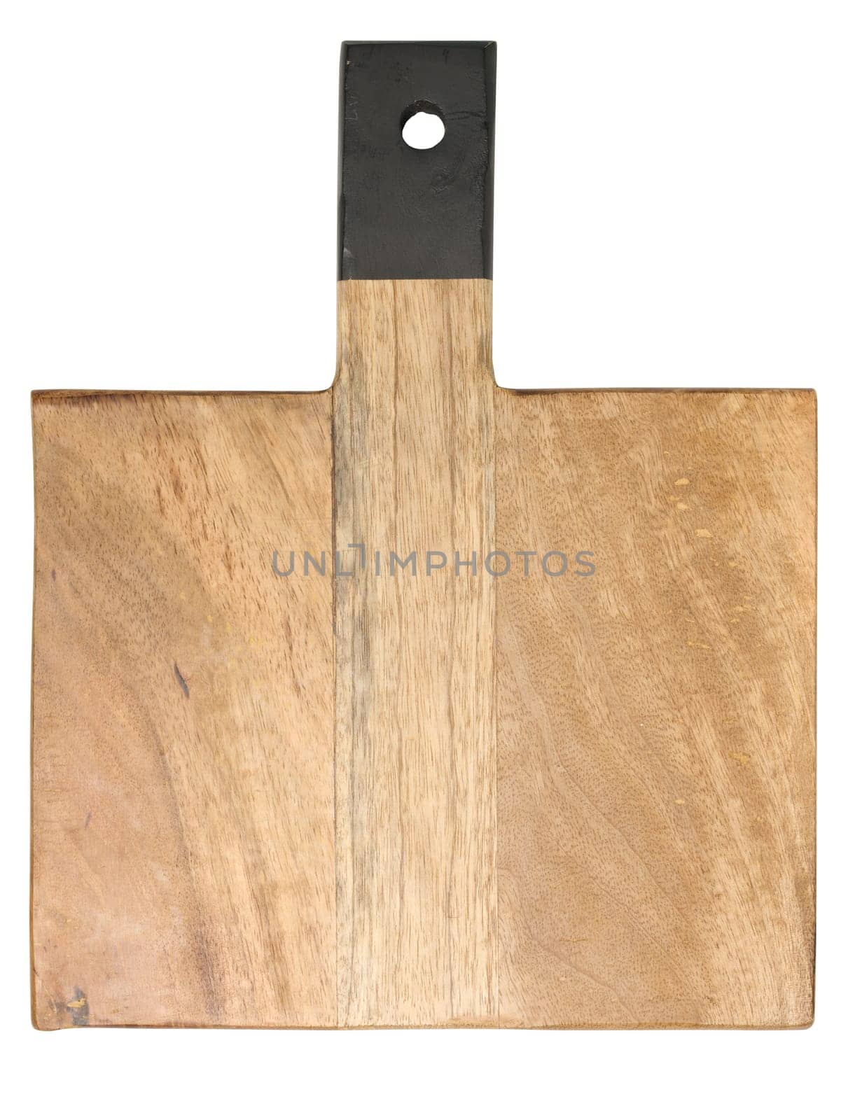 Empty wooden kitchen cutting board with handle on white isolated background, top view