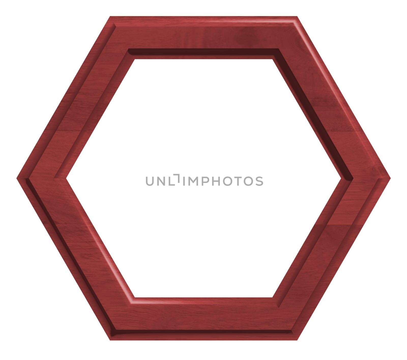Hexagonal red wooden frame on isolated background, wall frame for photos and paintings
