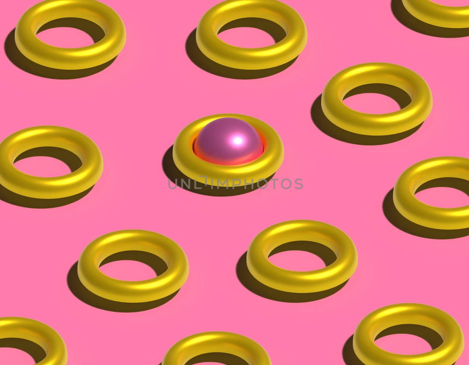 Abstract pink background with golden rings, 3D rendering illustration by ndanko