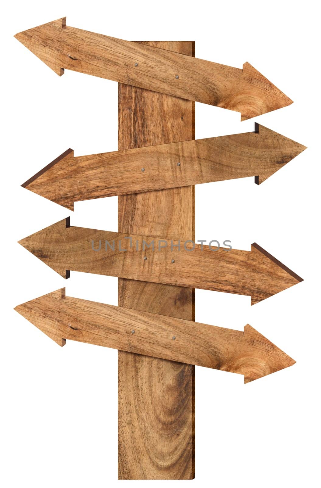 Brown wooden arrows with different directions on isolated background