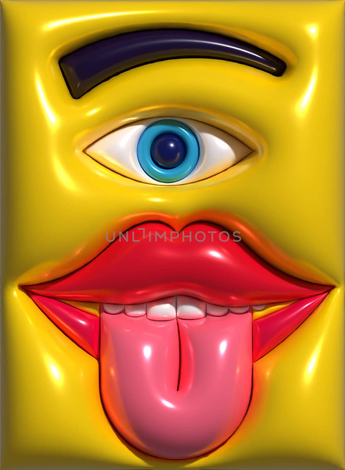 Pink tongue protruding from mouth with white teeth and eye with eyebrow, 3D rendering illustration