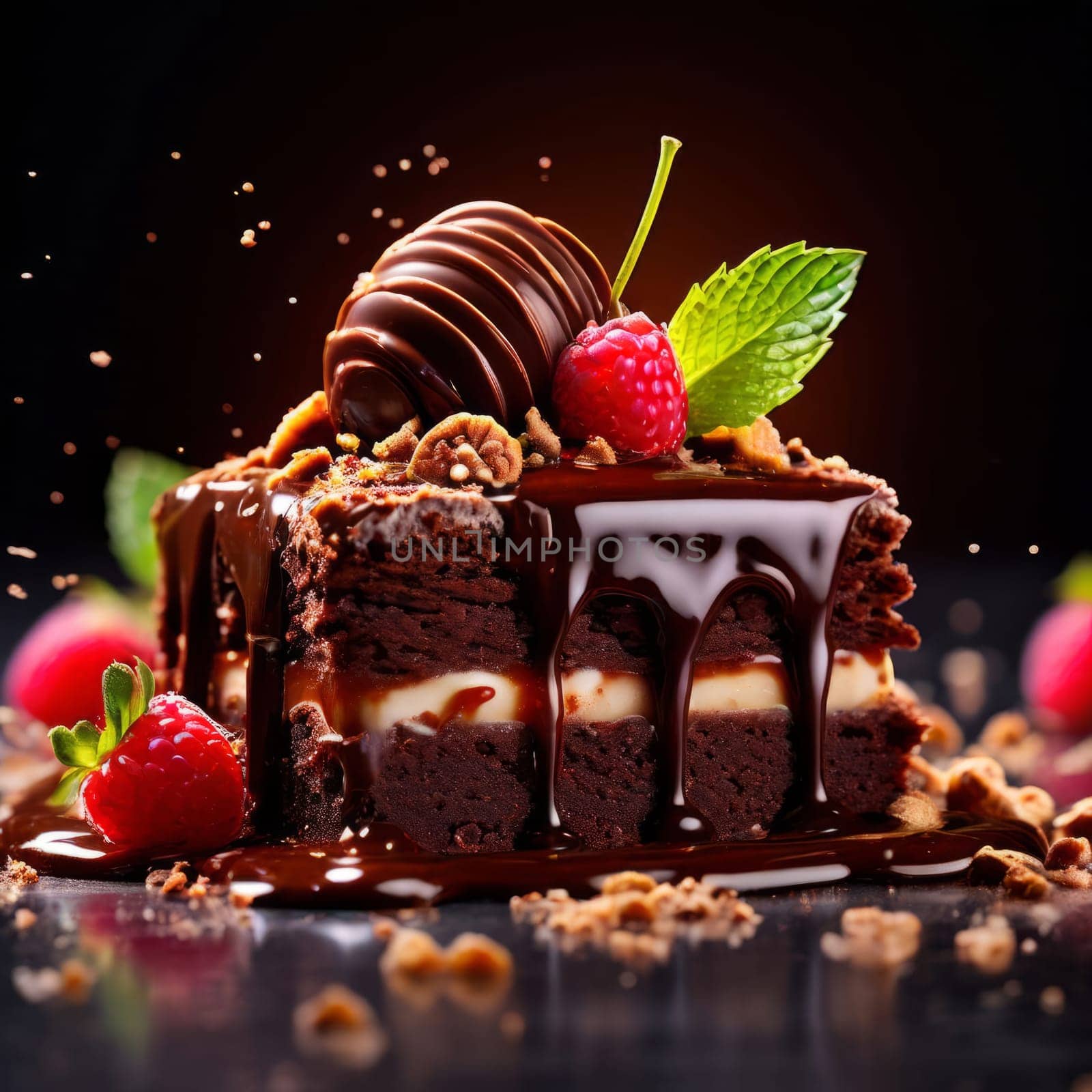 Decadent chocolate cake adorned with fresh berries, drizzled with rich chocolate sauce. For advertising bakery products, cafe, restaurant menus, culinary books, food blogs, website of pastry shop. by Angelsmoon