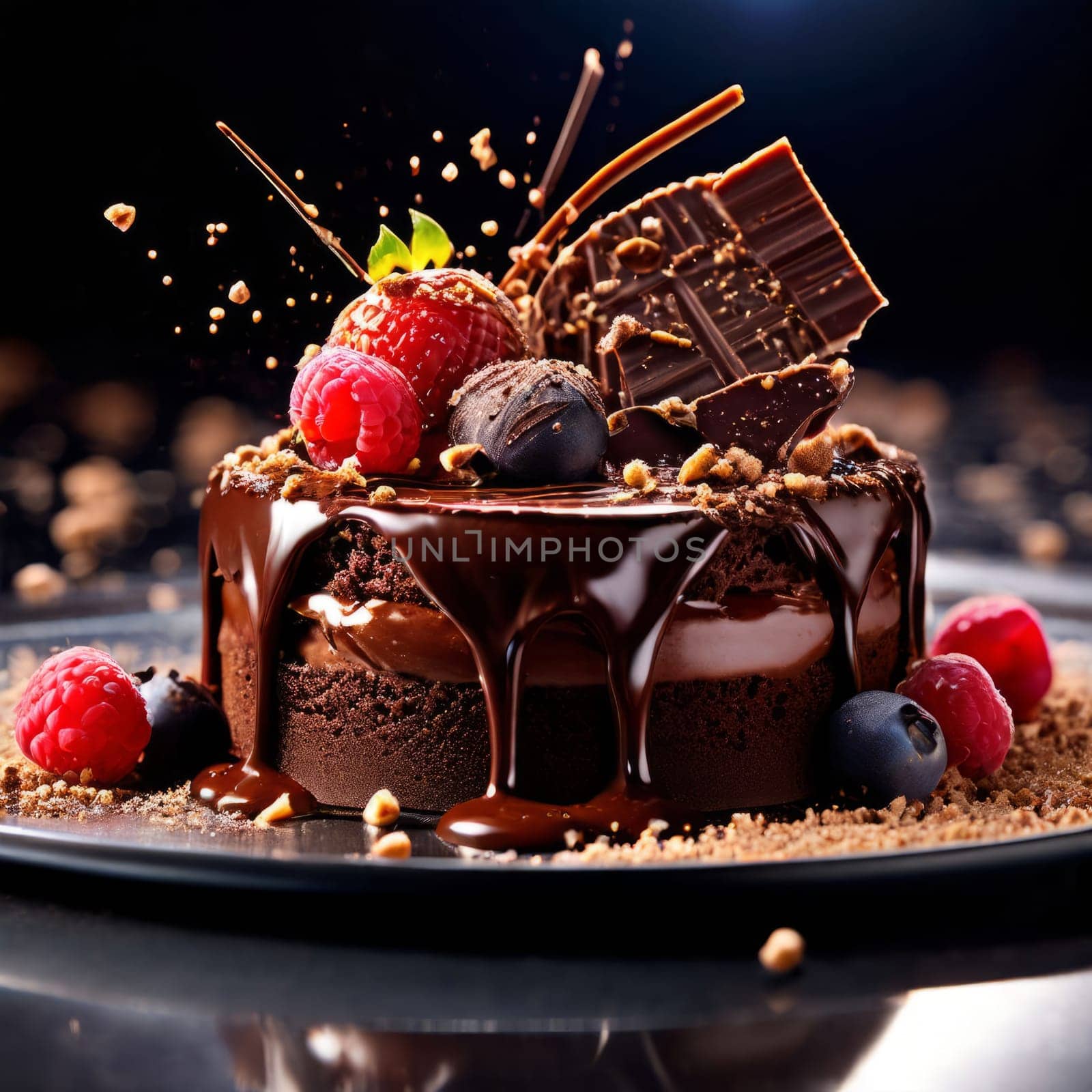 Decadent chocolate cake adorned with fresh berries, drizzled with rich chocolate sauce. For advertising bakery products, cafe, restaurant menus, culinary books, food blogs, website of pastry shop