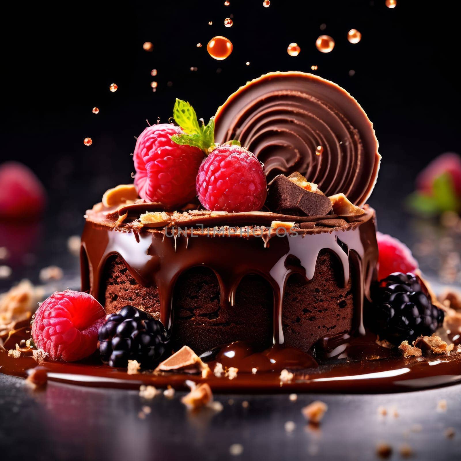 Decadent chocolate cake adorned with fresh berries, drizzled with rich chocolate sauce. For advertising bakery products, cafe, restaurant menus, culinary books, food blogs, website of pastry shop. by Angelsmoon