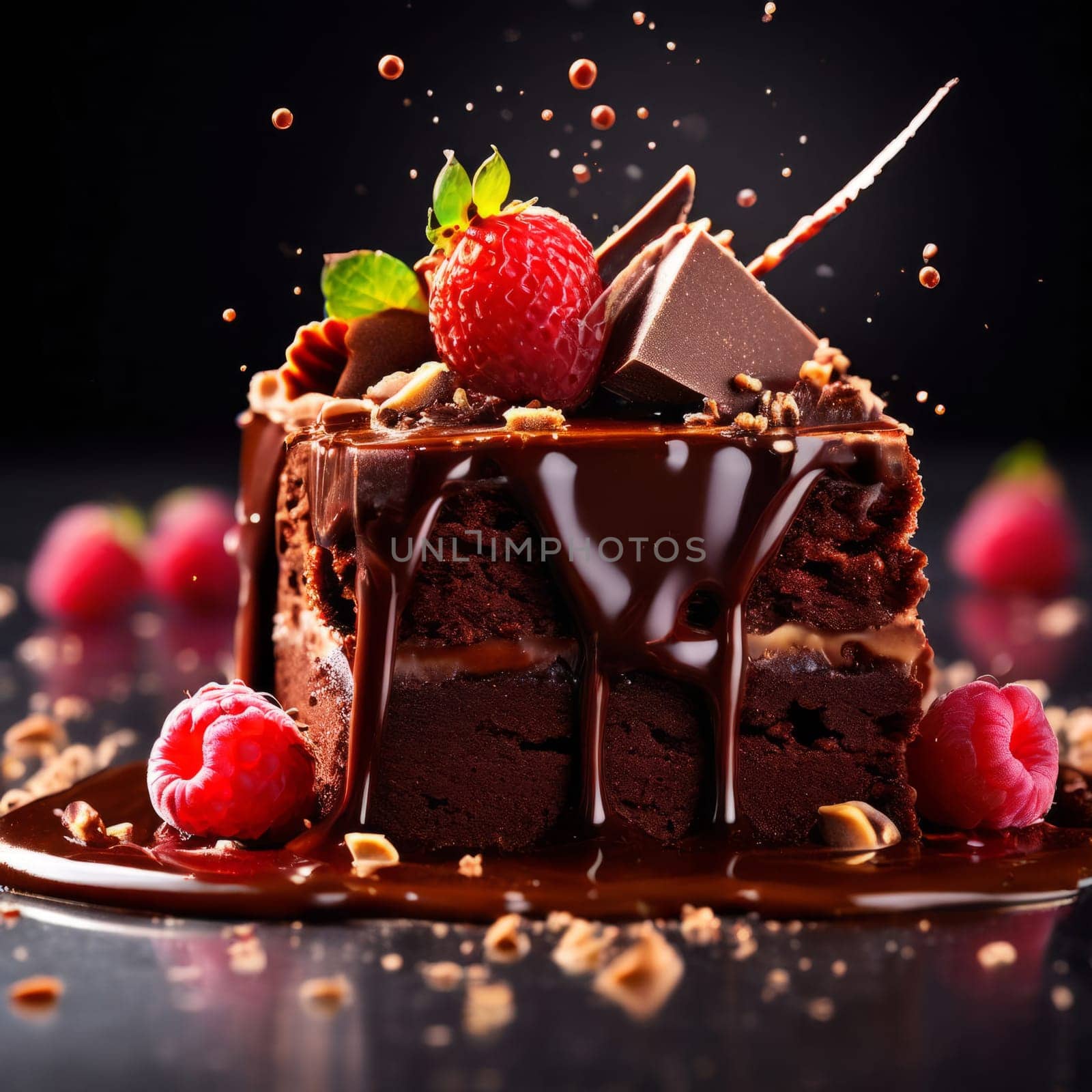 Decadent chocolate cake adorned with fresh berries, drizzled with rich chocolate sauce. For advertising bakery products, cafe, restaurant menus, culinary books, food blogs, website of pastry shop. by Angelsmoon