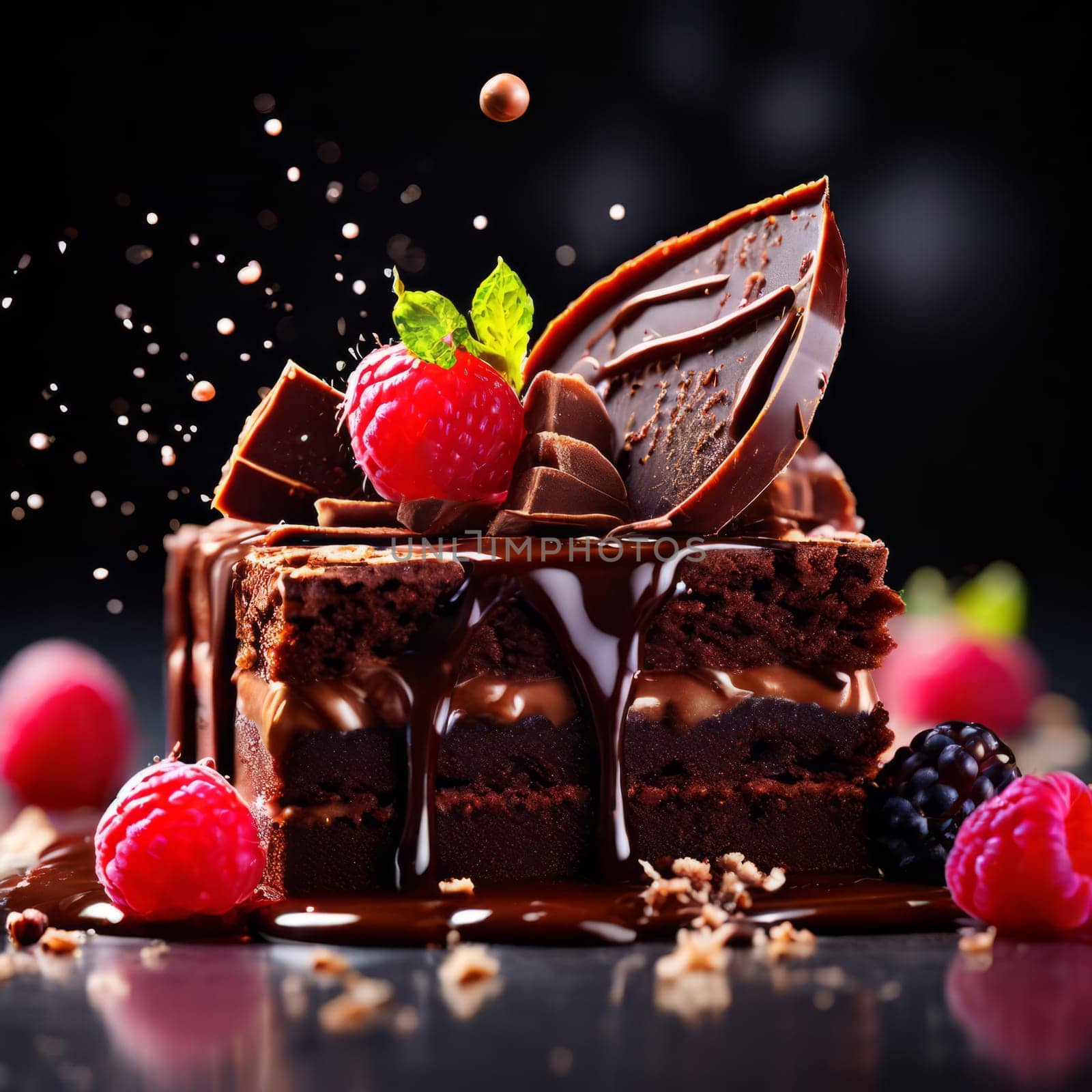 Decadent chocolate cake adorned with fresh berries, drizzled with rich chocolate sauce. For advertising bakery products, cafe, restaurant menus, culinary books, food blogs, website of pastry shop