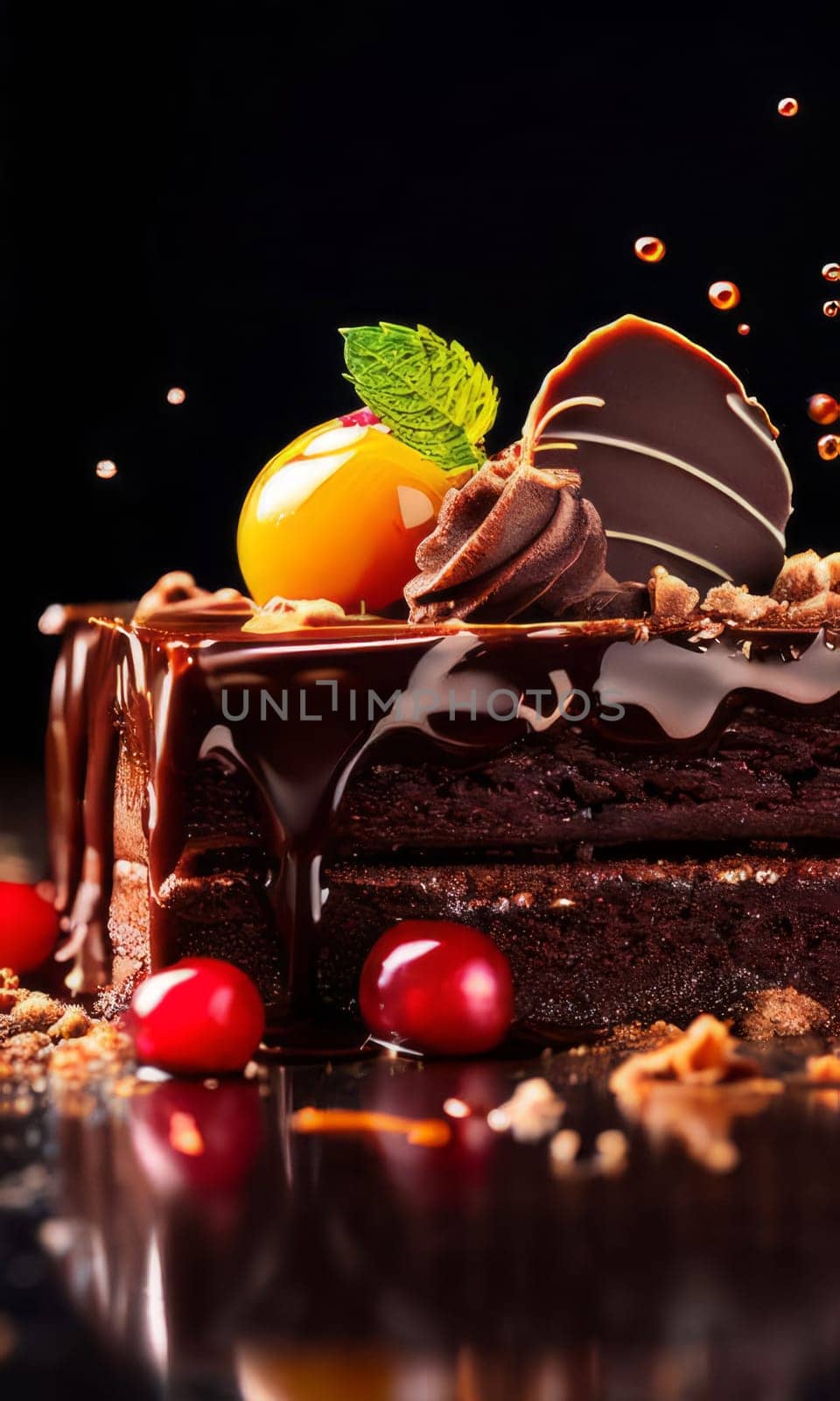 Decadent slice of chocolate cake topped with luscious cherries, drizzled with rich chocolate sauce. For dessert recipes, cafe, restaurant menu, culinary book, recipe website, culinary blog
