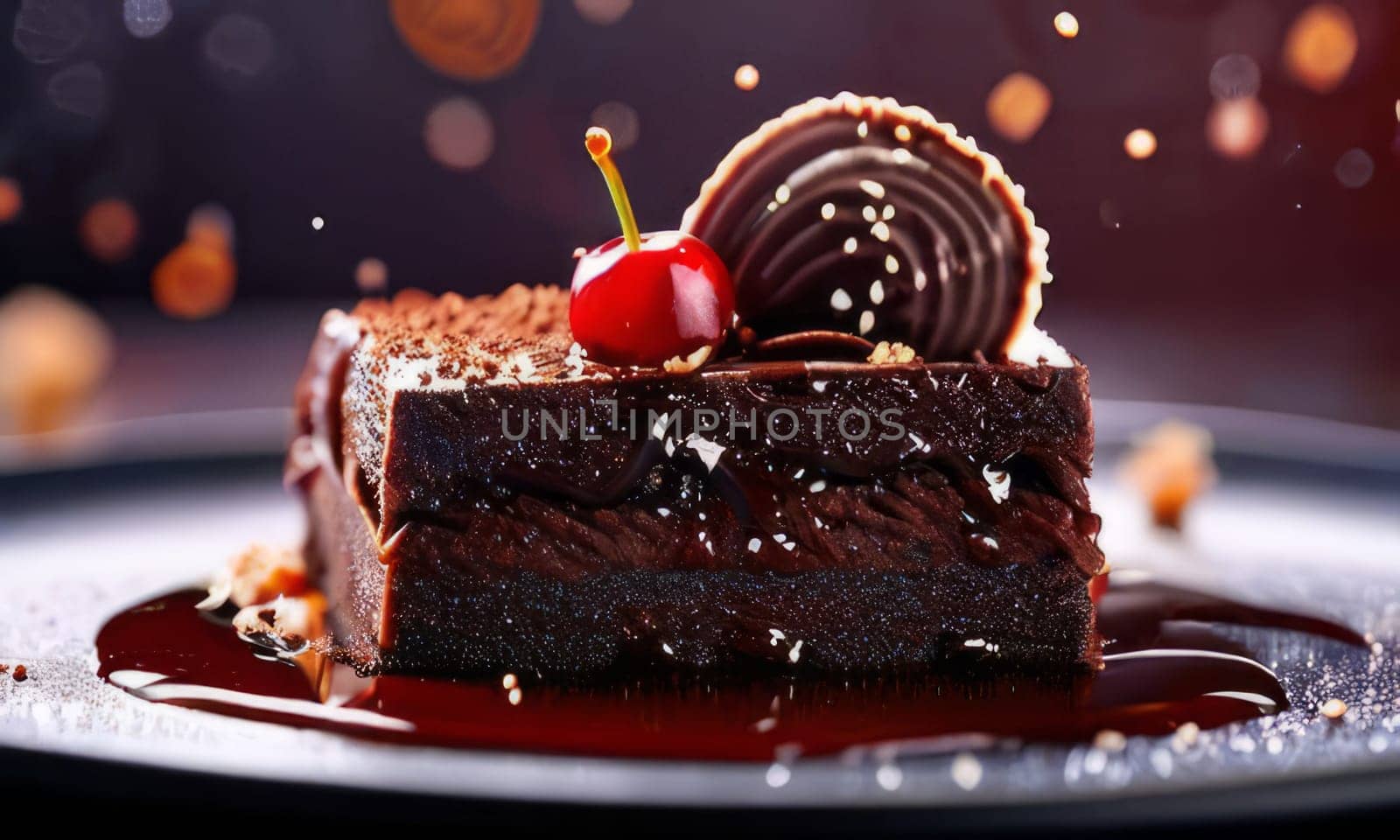 Decadent slice of chocolate cake topped with luscious cherries, drizzled with rich chocolate sauce. For dessert recipes, cafe, restaurant menu, culinary book, recipe website, culinary blog