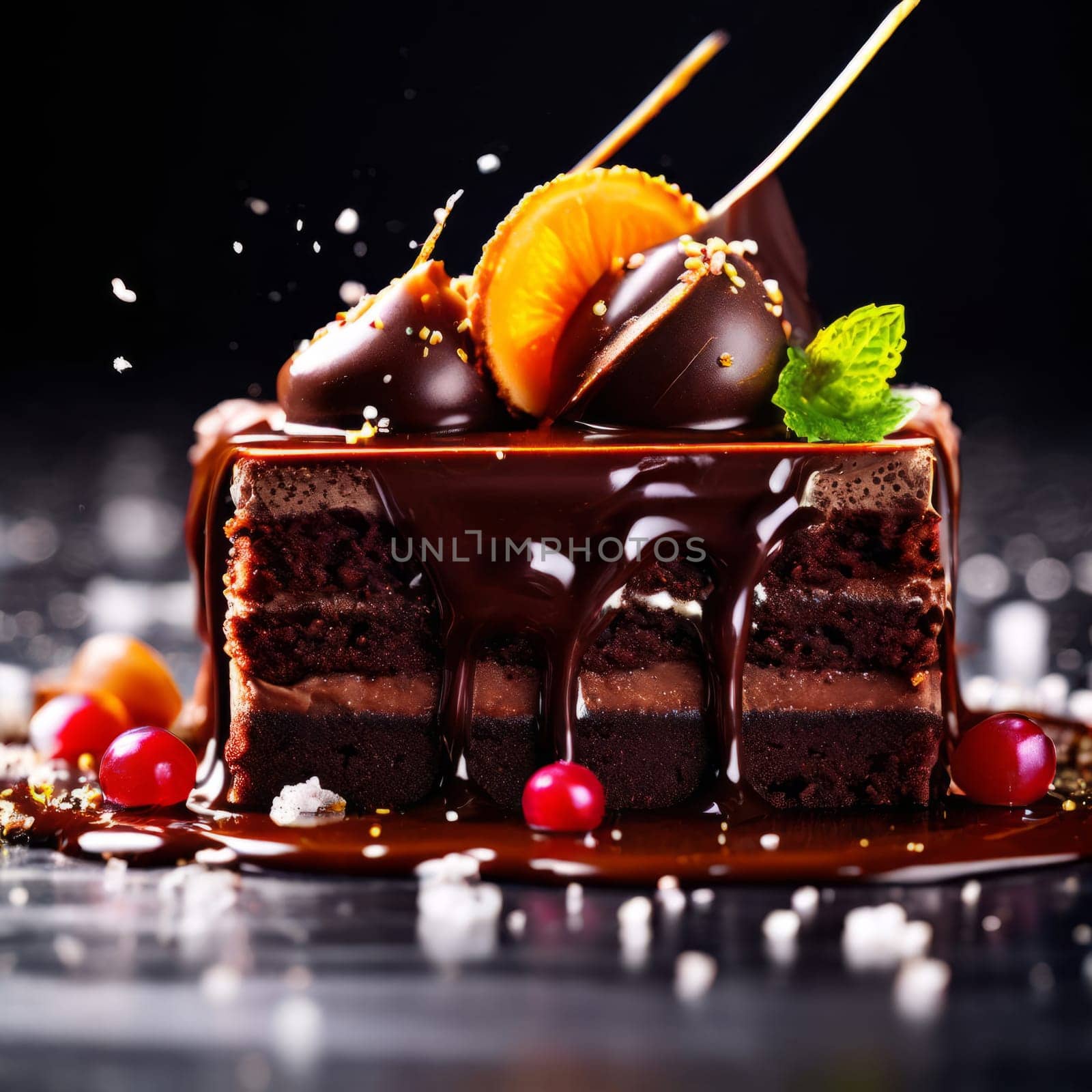 Decadent slice of chocolate cake topped with luscious cherries, drizzled with rich chocolate sauce. For dessert recipes, cafe, restaurant menu, culinary book, recipe website, culinary blog. by Angelsmoon