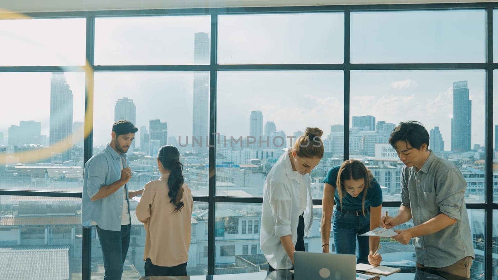 Diverse business people brainstorm with idea written on glass wall. Tracery by biancoblue