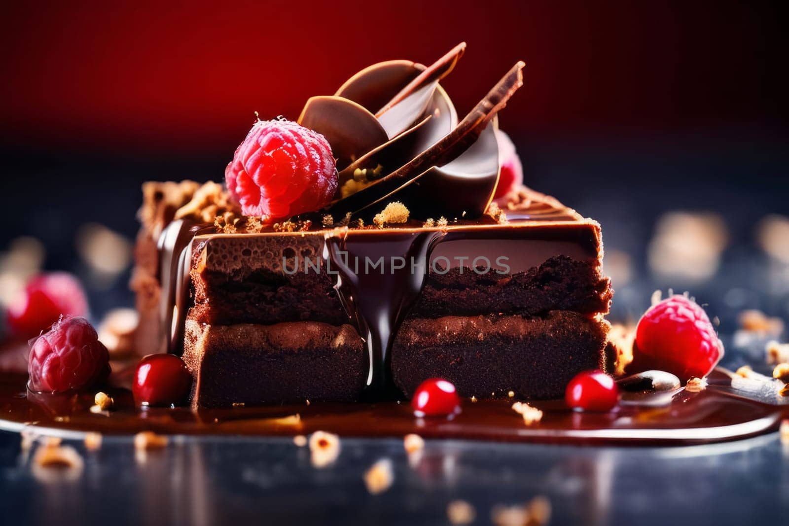Chocolate cake with raspberries, chocolate sauce. Cake is adorned with fresh raspberries, exquisite chocolate sauce, creating delectable, luxurious dessert. For advertise cafe, patisserie, restaurant. by Angelsmoon