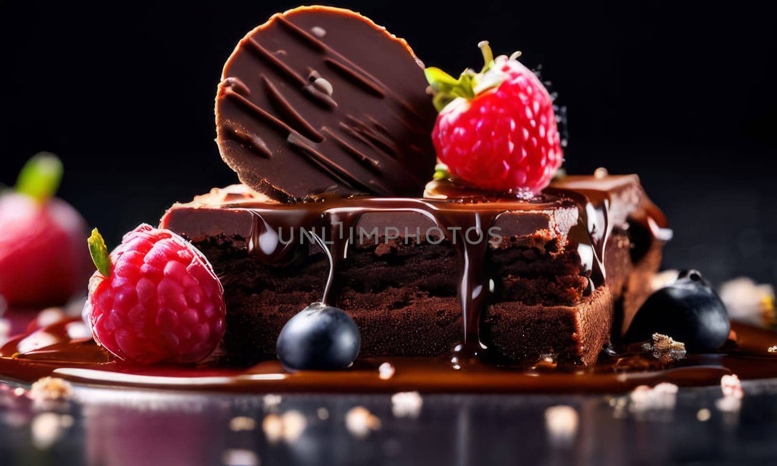 Chocolate cake with raspberries, chocolate sauce. Cake is adorned with fresh raspberries, exquisite chocolate sauce, creating delectable, luxurious dessert. For advertise cafe, patisserie, restaurant. by Angelsmoon