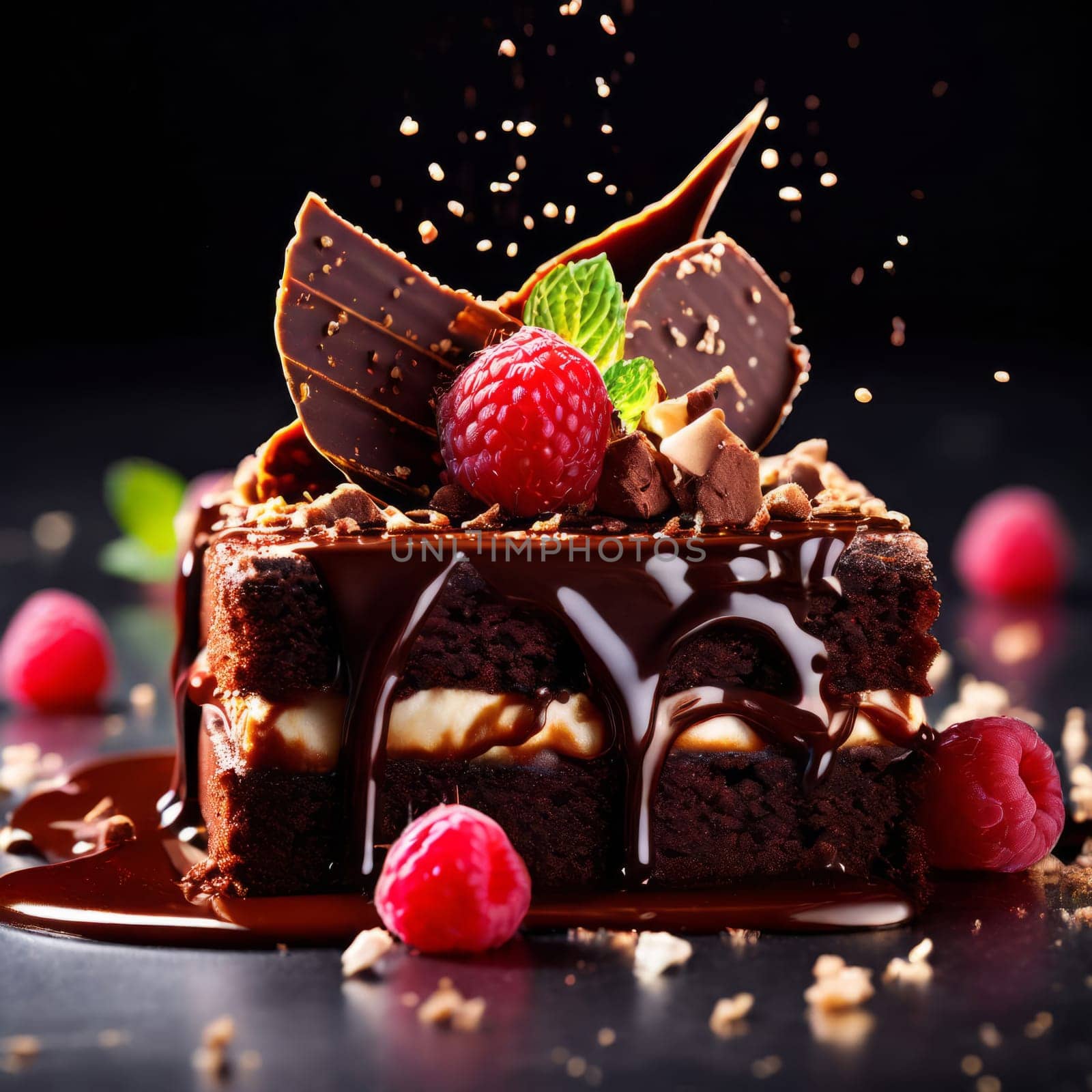 Chocolate cake with raspberries, chocolate sauce. Cake is adorned with fresh raspberries, exquisite chocolate sauce, creating delectable, luxurious dessert. For advertise cafe, patisserie, restaurant