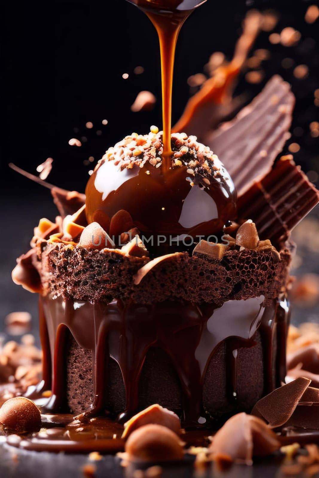 Decadent piece of chocolate cake being generously drizzled with rich, velvety chocolate sauce, creating mouthwatering, indulgent dessert. For advertising chocolate products, desserts in general. by Angelsmoon