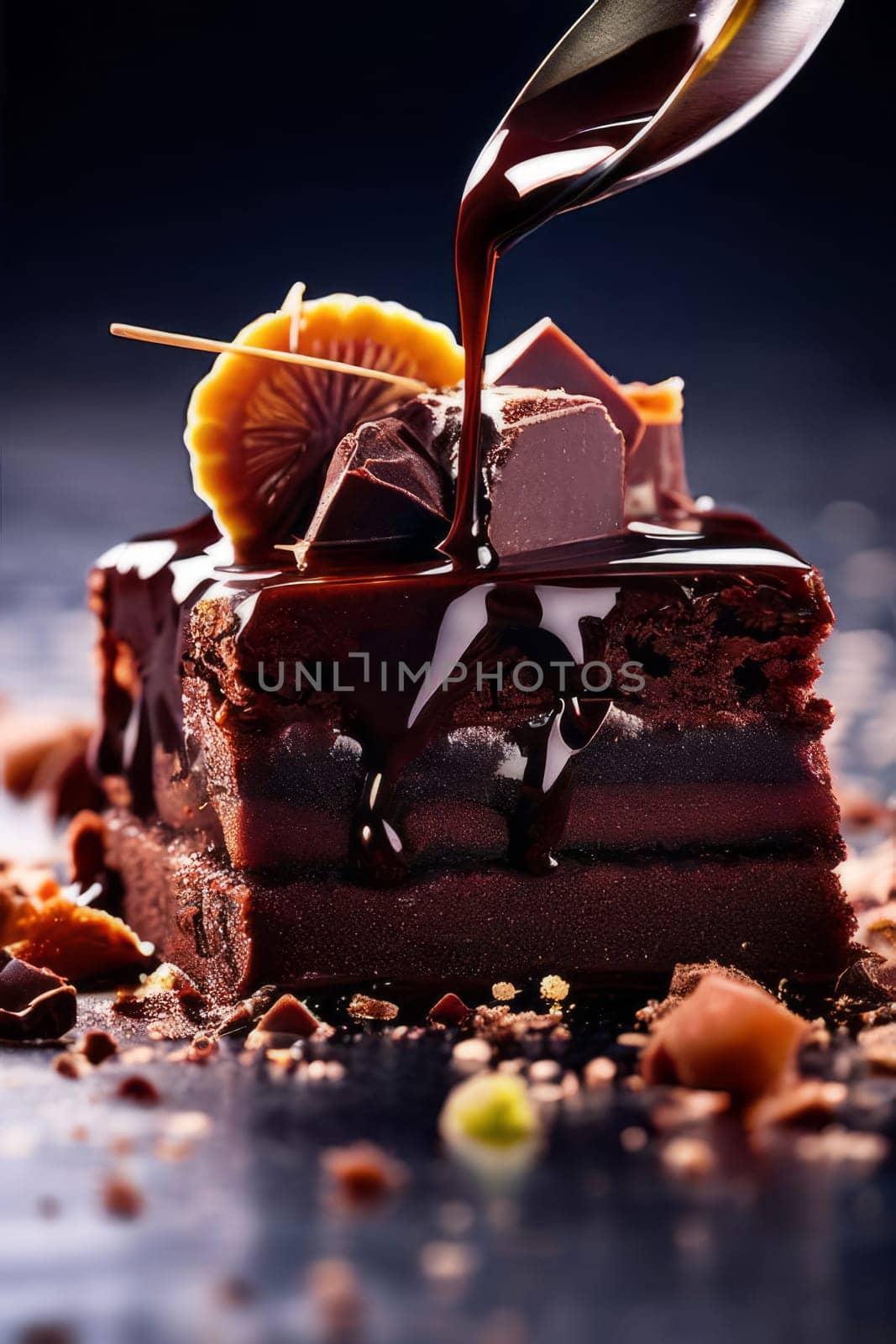 Decadent piece of chocolate cake being generously drizzled with rich, velvety chocolate sauce, creating mouthwatering, indulgent dessert. For advertising chocolate products, desserts in general. by Angelsmoon