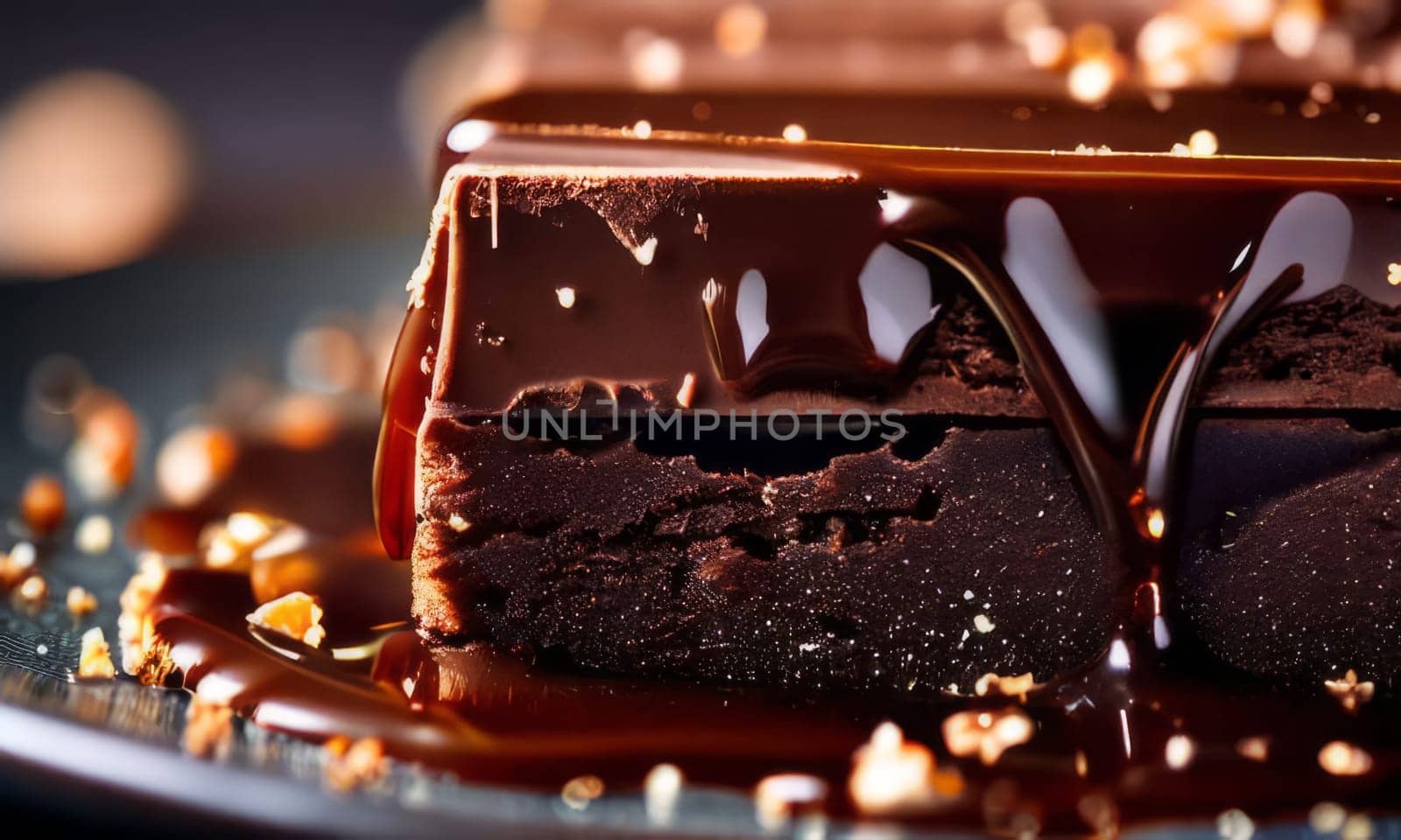 Decadent piece of chocolate cake being generously drizzled with rich, velvety chocolate sauce, creating mouthwatering, indulgent dessert. For advertising chocolate products, desserts in general. by Angelsmoon
