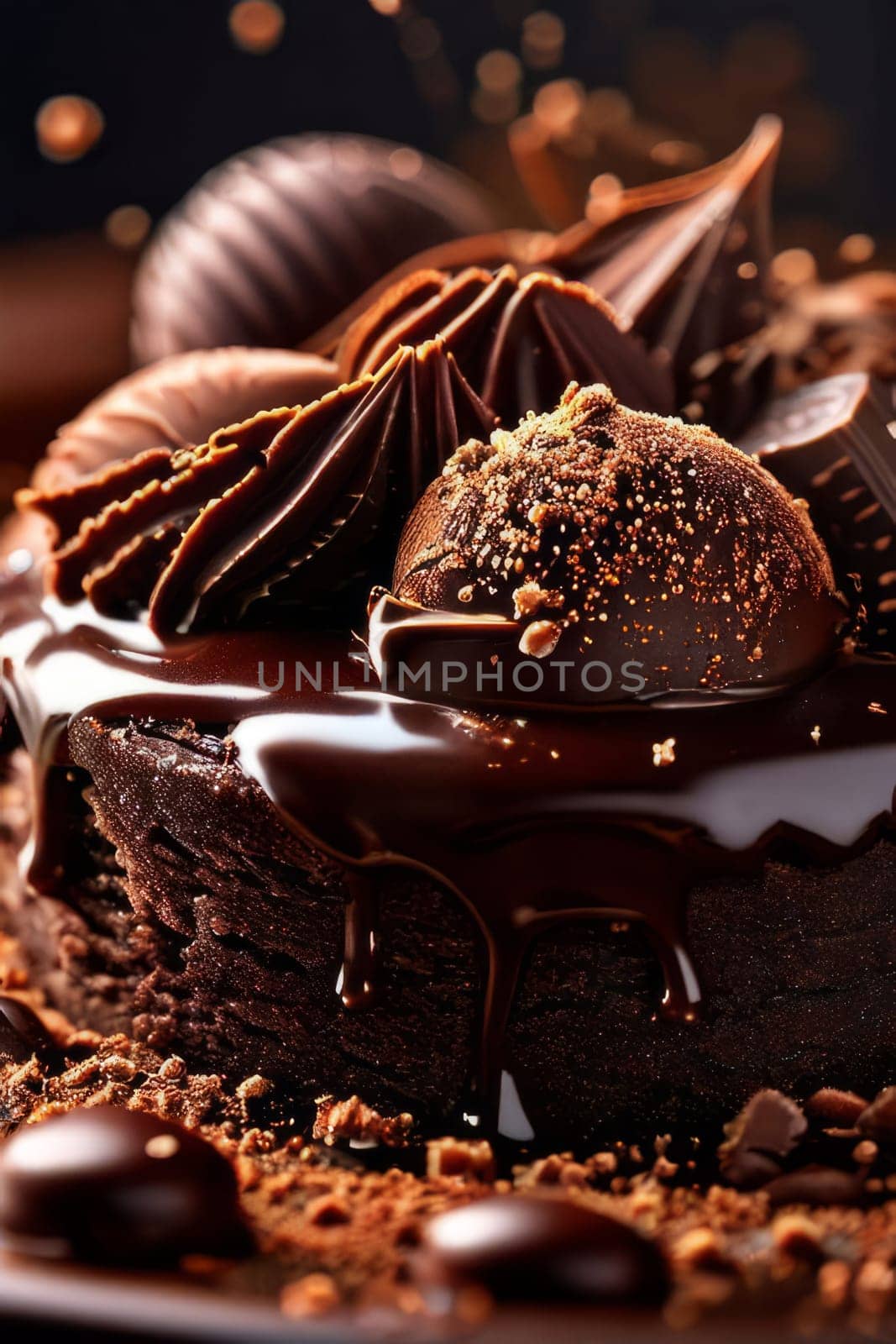 Decadent piece of chocolate cake being generously drizzled with rich, velvety chocolate sauce, creating mouthwatering, indulgent dessert. For advertising chocolate products, desserts in general