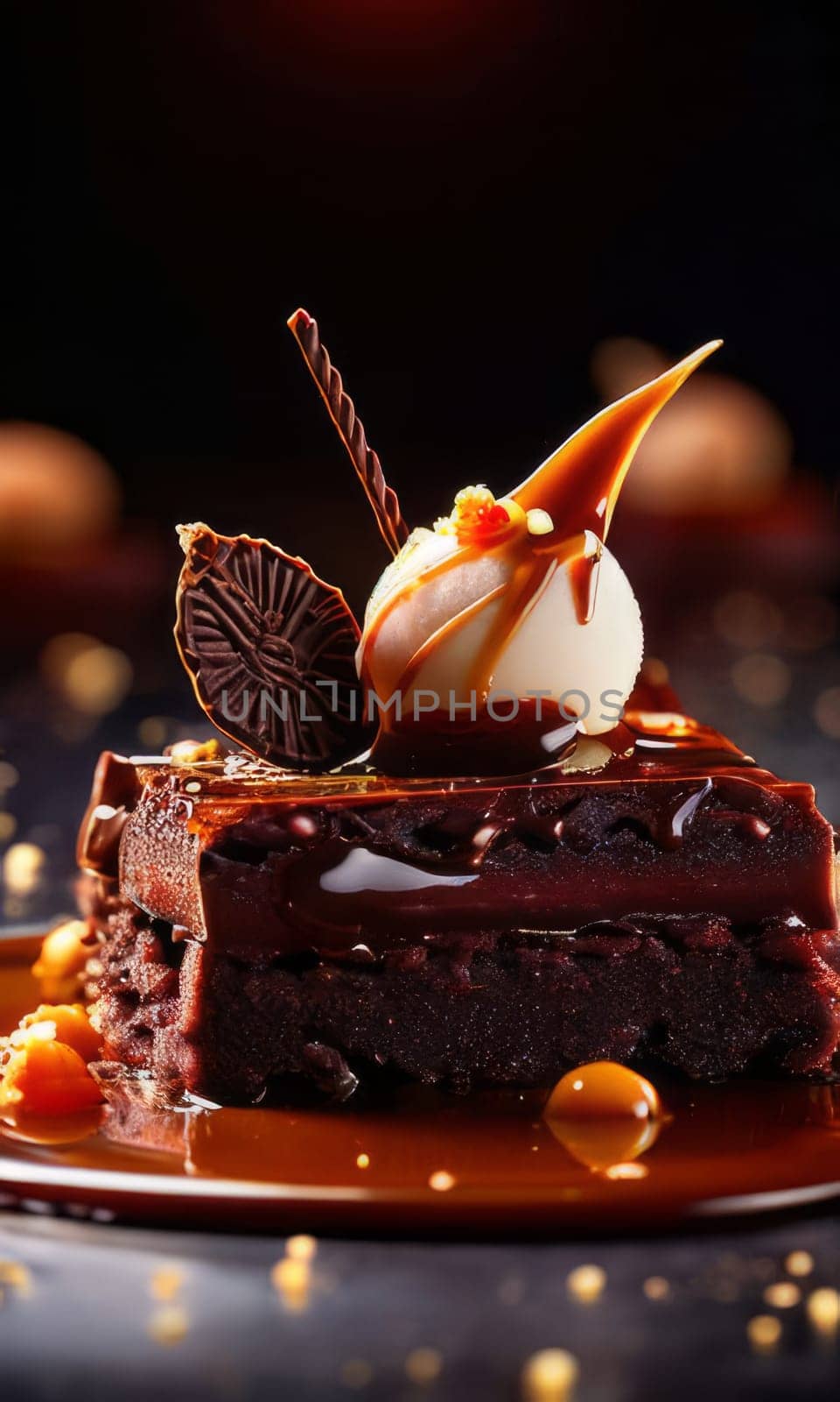 Decadent piece of chocolate cake being generously drizzled with rich, velvety chocolate sauce, creating mouthwatering, indulgent dessert. For advertising chocolate products, desserts in general