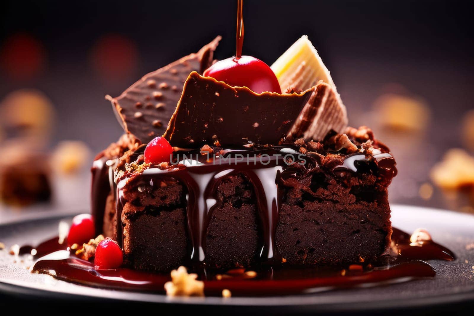 Decadent piece of chocolate cake being generously drizzled with rich, velvety chocolate sauce, creating mouthwatering, indulgent dessert. For advertising chocolate products, desserts in general
