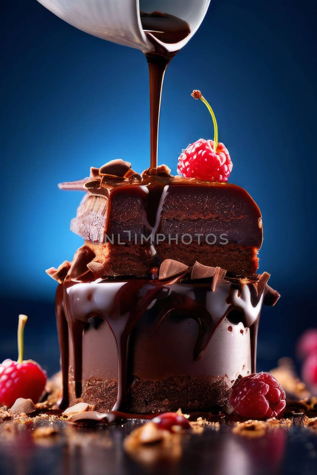 Delicious piece of chocolate cake topped with fresh strawberries, raspberries on plate. For cookbooks, food magazine, restaurant, recipe websites, social media sites, festive events, wedding, birthday