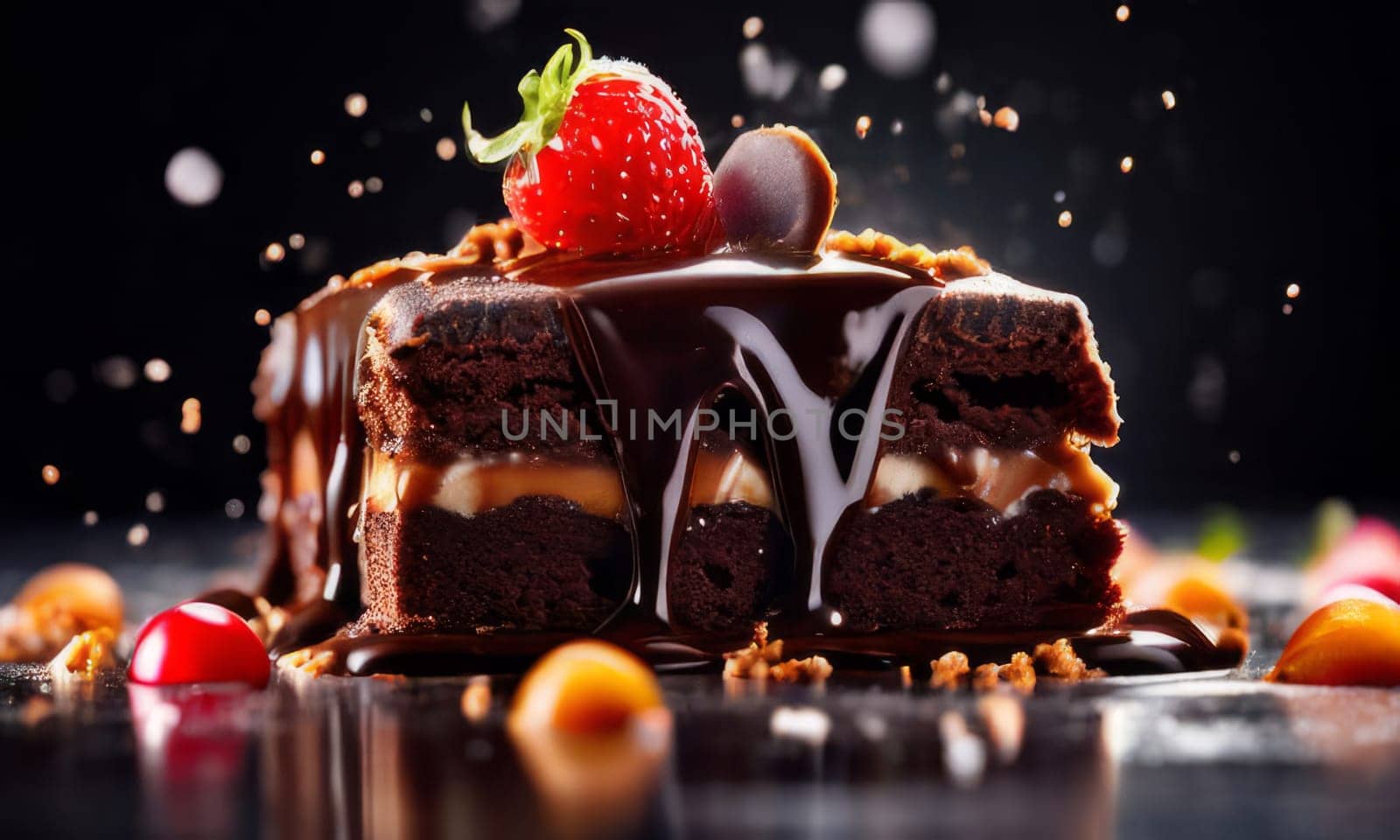 Delicious piece of chocolate cake topped with fresh strawberries, raspberries on plate. For cookbooks, food magazine, restaurant, recipe websites, social media sites, festive events, wedding, birthday