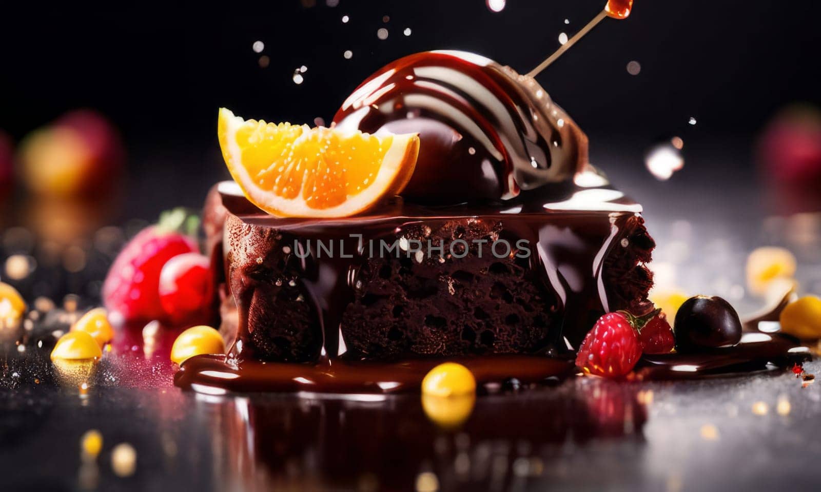 Delicious piece of chocolate cake topped with fresh strawberries, raspberries on plate. For cookbooks, food magazine, restaurant, recipe websites, social media sites, festive events, wedding, birthday