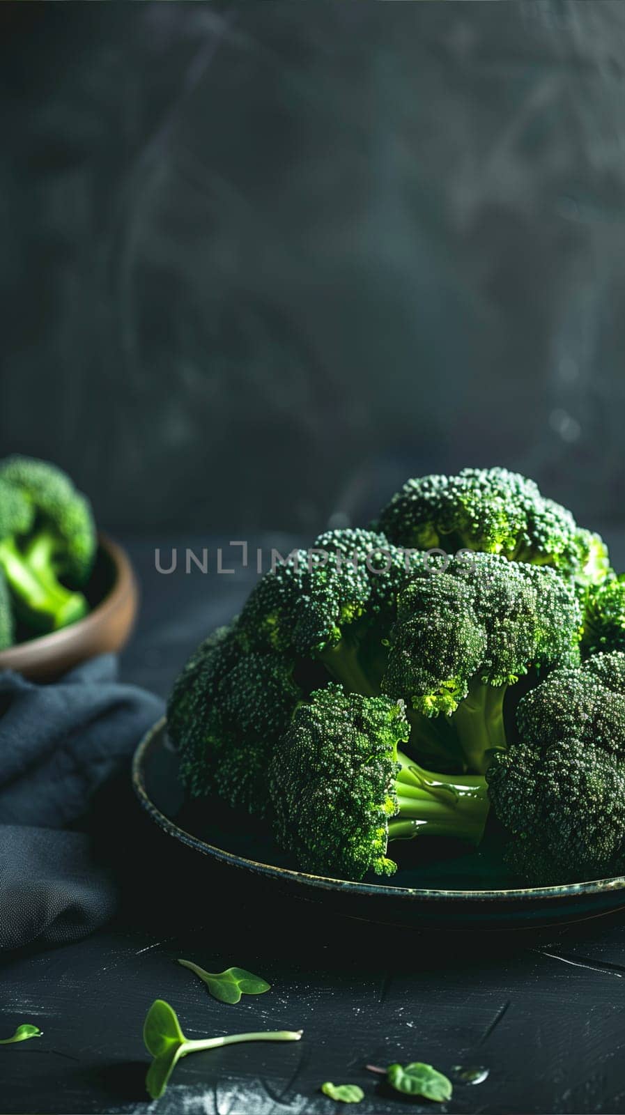 A plate of broccoli and a bowl of broccoli neatly arranged on a wooden table. Raw and fresh broccoli heads ready for cooking or serving.