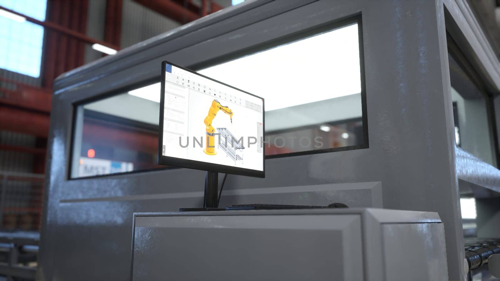 Focus on PC monitor showing controls for large machine in blurry background in warehouse. Close up on computer display used to perform tasks on CNC machinery in factory, 3D render