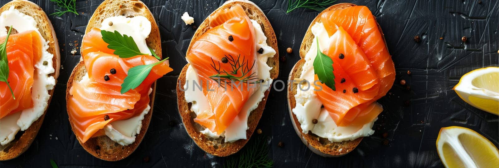 Slices of bread are topped with fresh salmon and melted cheese, creating a savory and satisfying meal option.