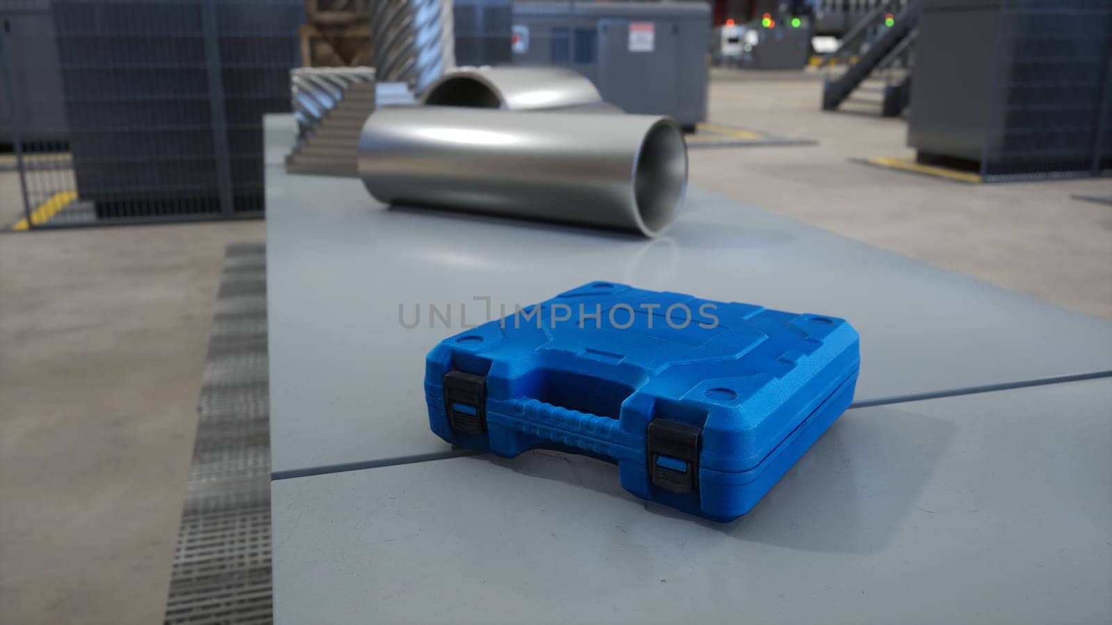Focus on toolbox in blurry background facility used for energy efficient warehousing handling distribution and storage needs of businesses, 3D render. Close up of toolkit on workbench in logistics hub