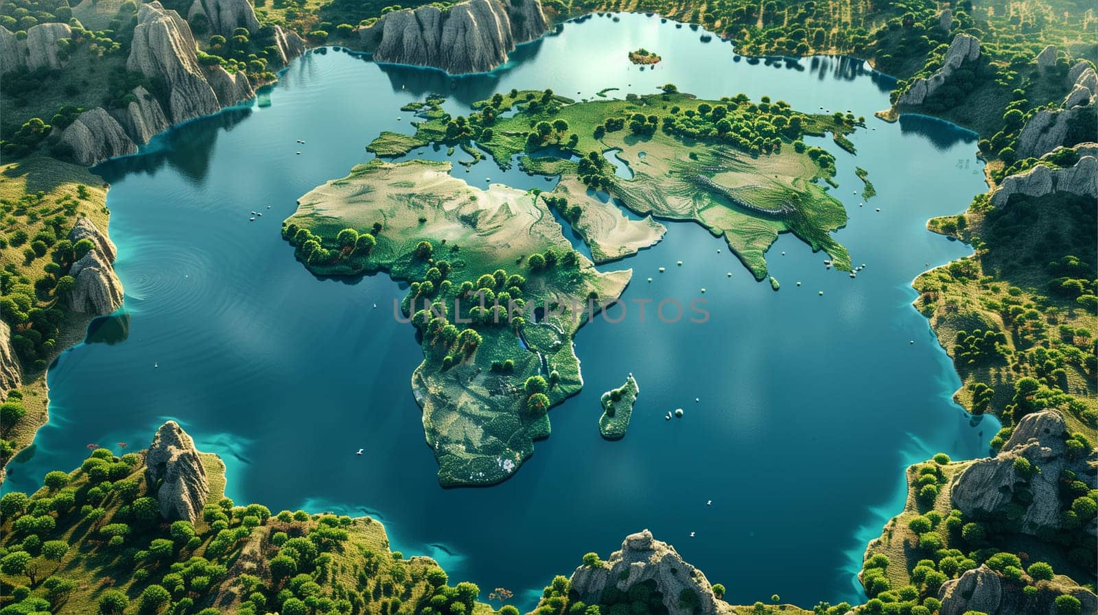 A scaled-down representation of Africa floating in a serene body of water with lush landscapes.
