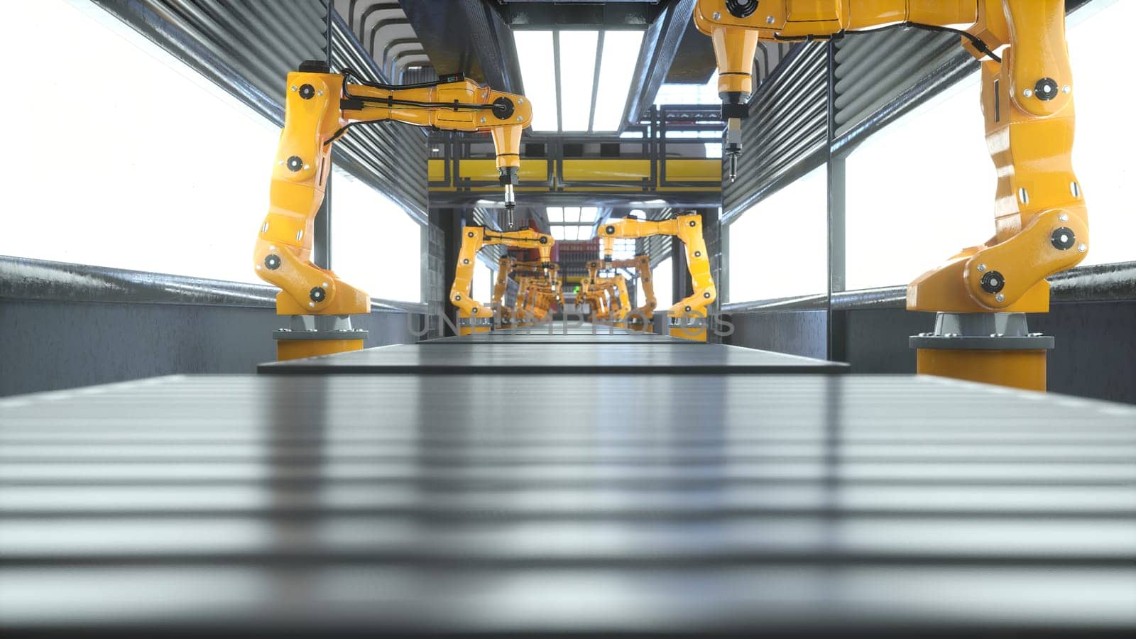 Automated factory with robotic arms used for placing manufactured products on conveyor belts, 3D rendering. Assembly lines and heavy machinery in high tech logistics depot
