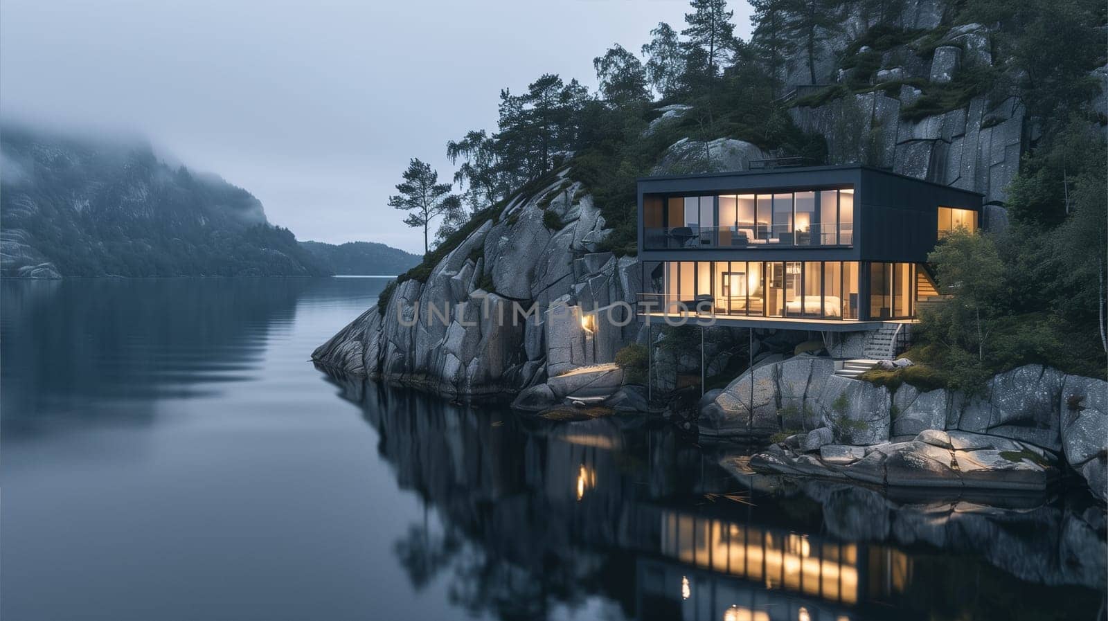 A house sits precariously on the edge of a cliff overlooking a body of water. The stunning view showcases the juxtaposition of man-made structure against the natural landscape.