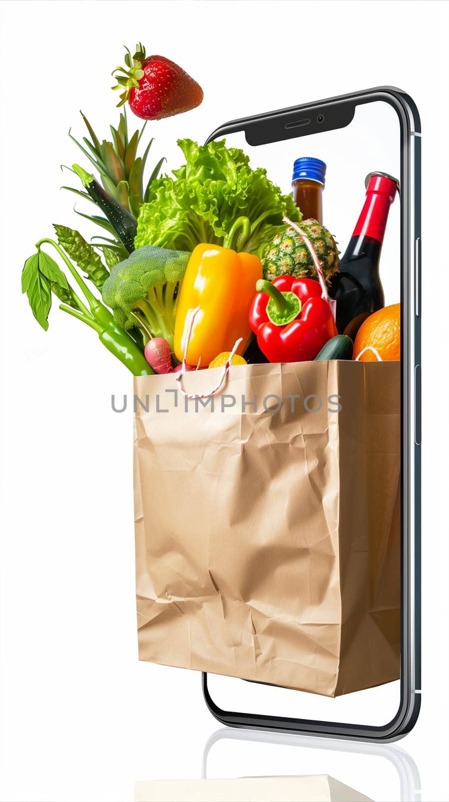 A shopping bag bursting with a colorful assortment of ripe fruits and fresh vegetables, ready to be brought home and enjoyed.