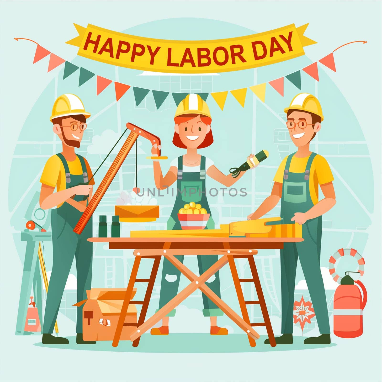 Celebrating Labor Day With a Joyful Illustration of Three Workers Engaged in Festive Activities by Sd28DimoN_1976