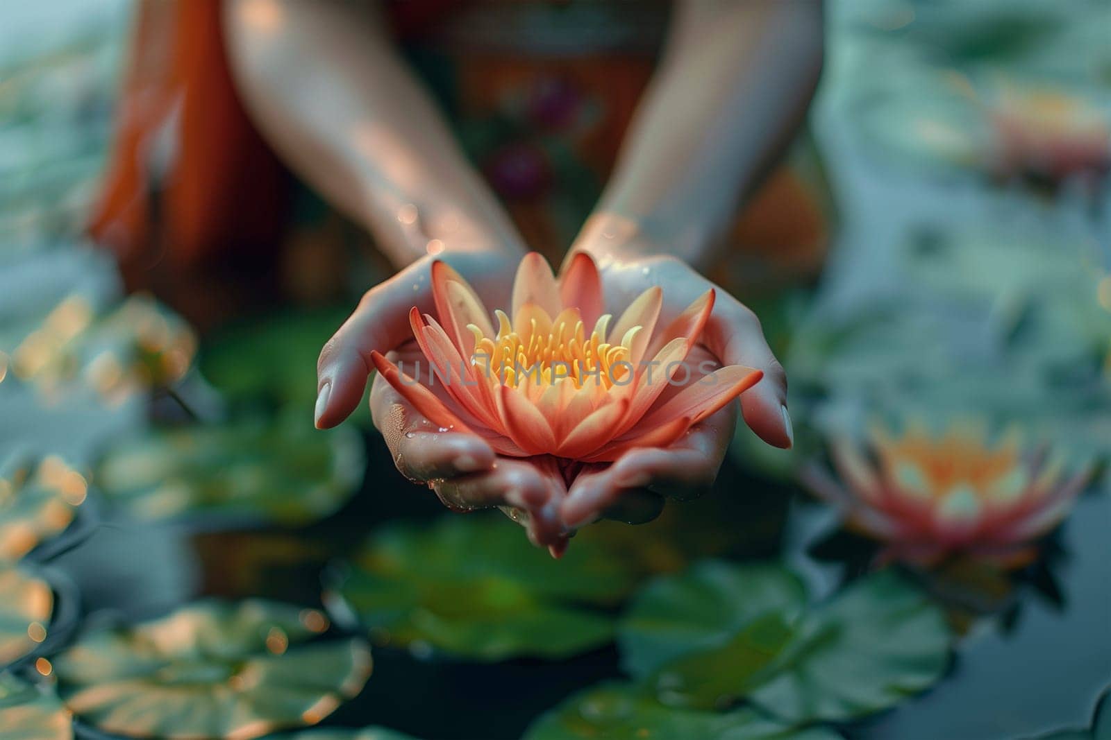 A person delicately holds a water lily flower in their hands, showcasing its vibrant colors and intricate details.