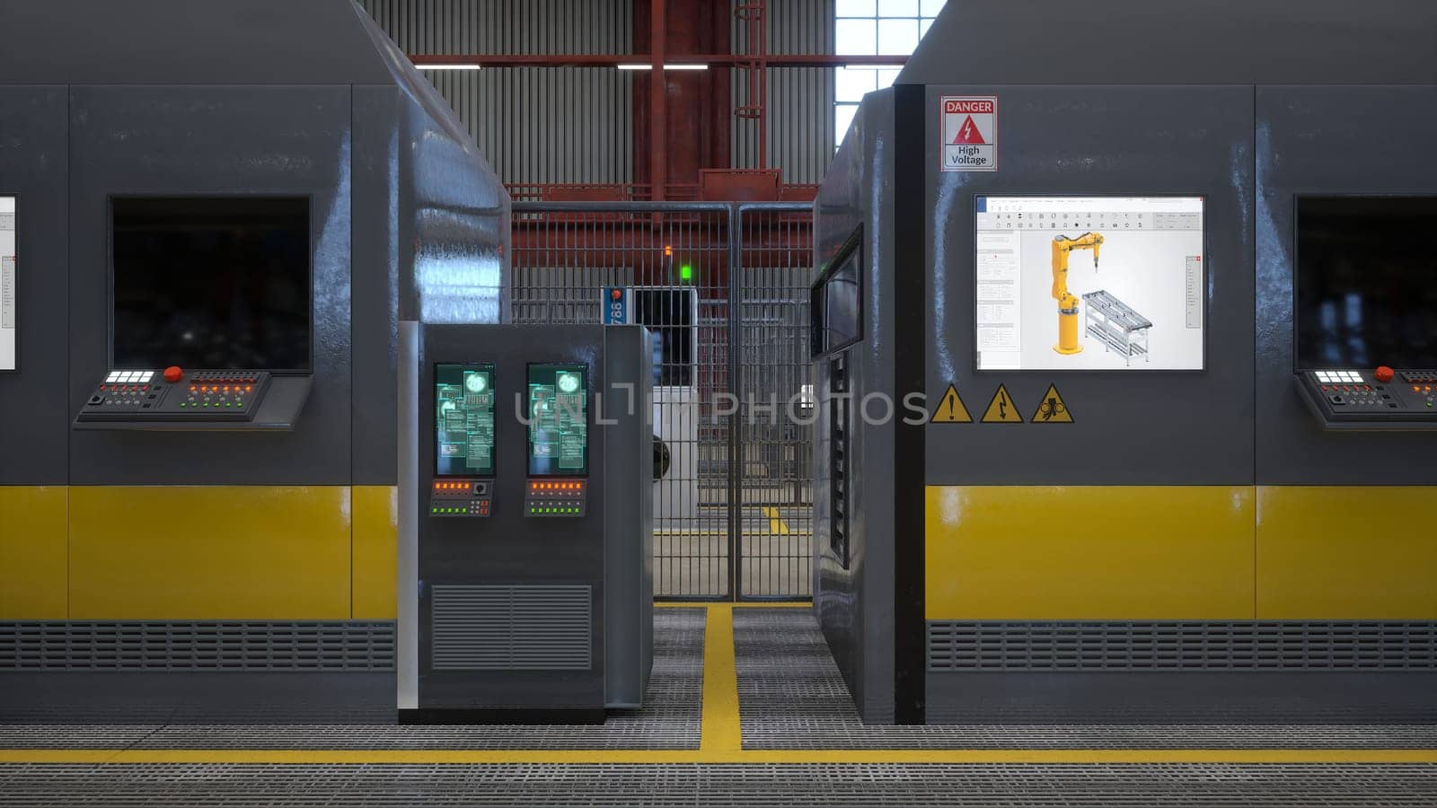 Innovative machinery with advanced control panels and touchscreens, 3D render by DCStudio