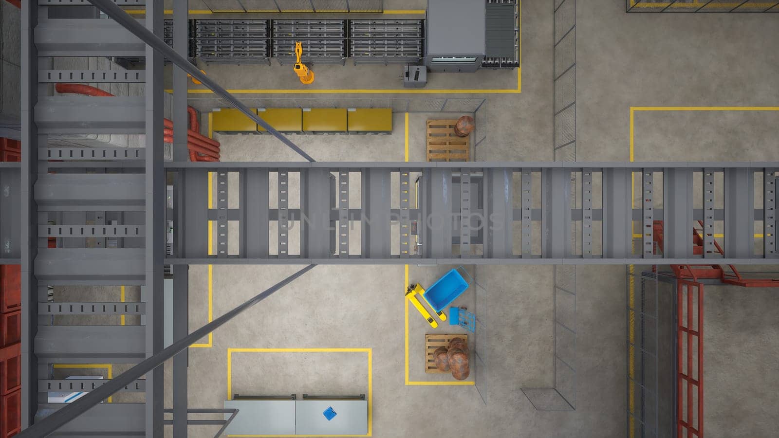 Facility with rows of industrial machines, manufacturing conveyor belts and robotic arms, top down view. CNC machinery and assembly lines in modern warehouse, 3D render drone shot