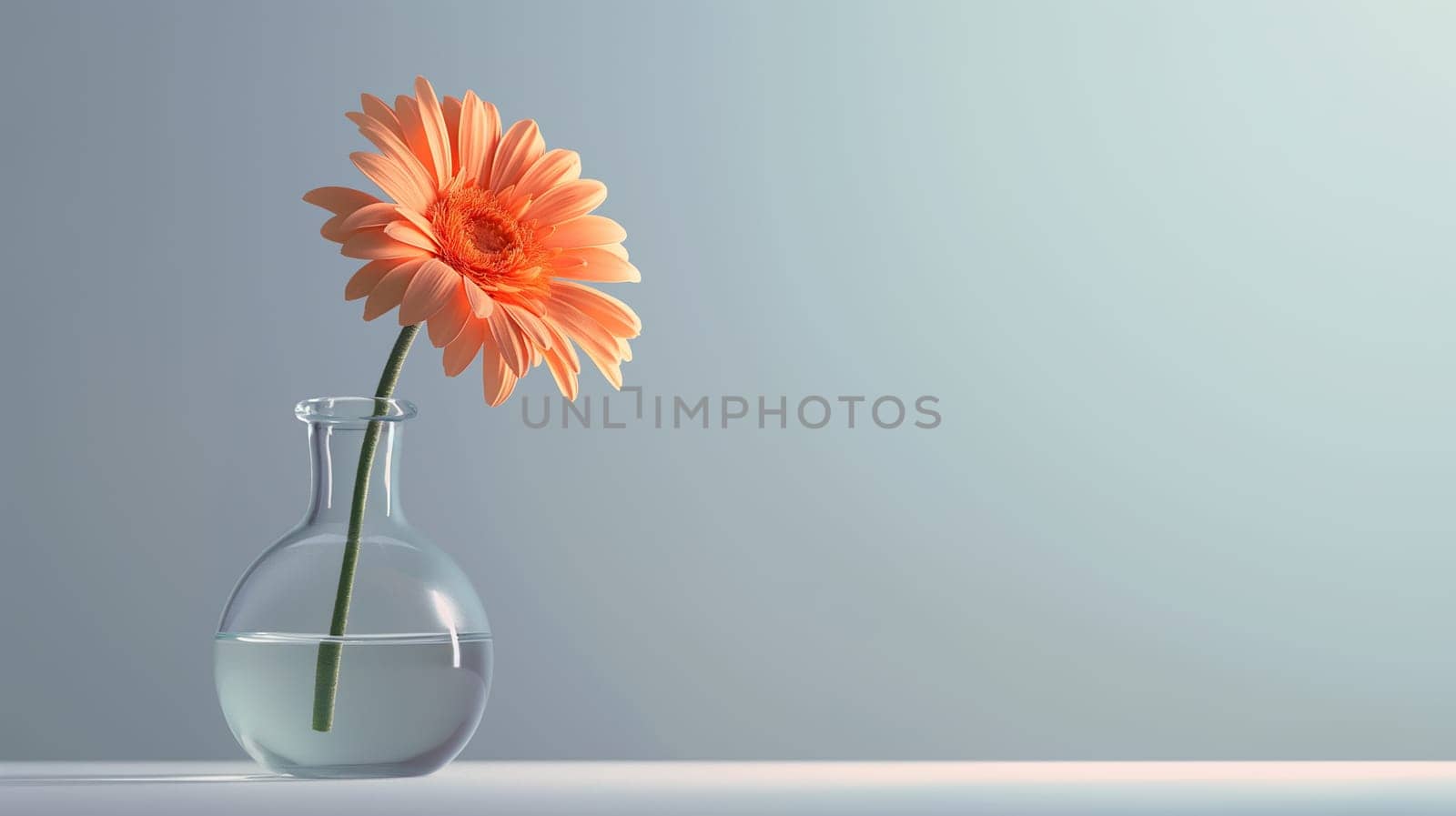 Single Orange Gerbera Daisy in a Clear Glass Vase Against a Soft Blue Background by chrisroll