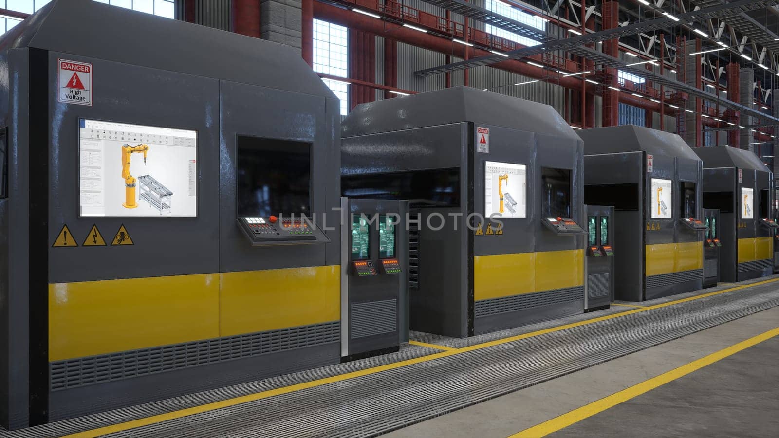 Rows of machines with control panels and touchscreens in automated factory, 3D rendering. Electrical mechanism equipment used for automatization processes in industrial plant