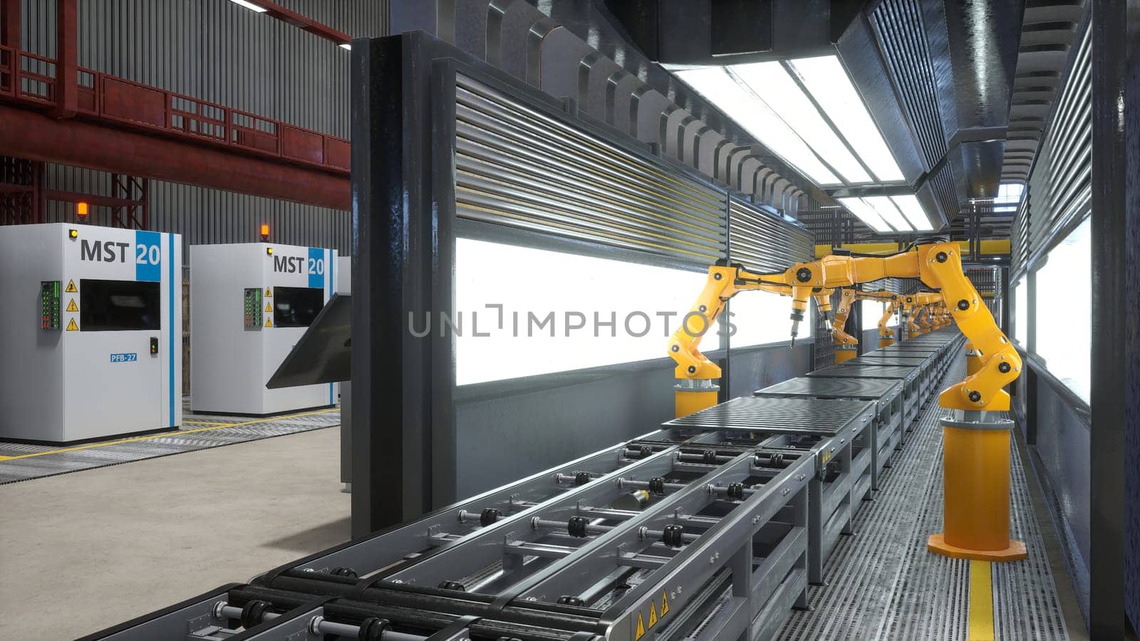 Industrial robot arms working on assembly line in factory next to computerized machines, 3D render. Heavy machinery units being used on conveyor belts in automated warehouse with hardware equipment