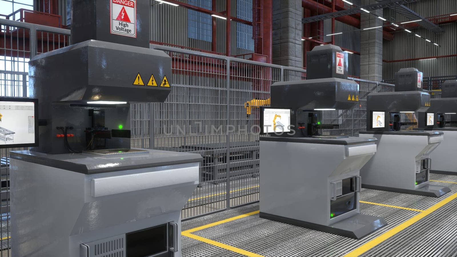 Rows of computerized high voltage machines in warehouse respecting safety measures, 3D rendering. Electric equipment units used for automatization processes in logistics depot
