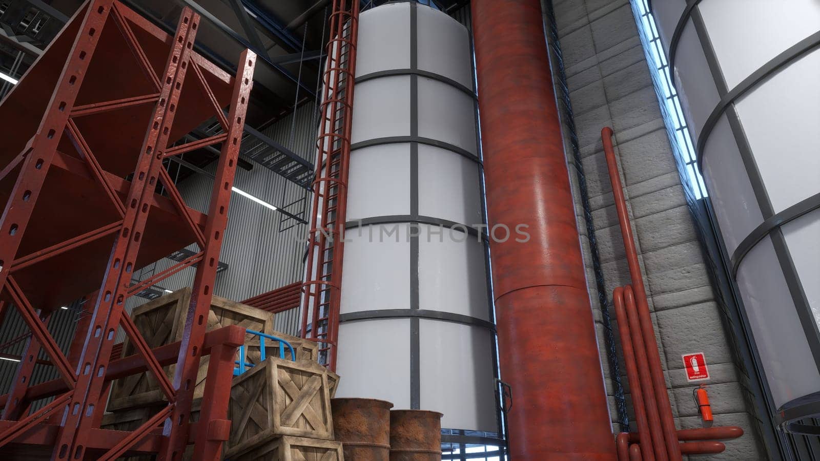 Industrial warehouse with stack of wooden crates and rusted barrels next to metallic shelves. Manufacturing logistics depot with steel structures used for goods storage, 3D rendering