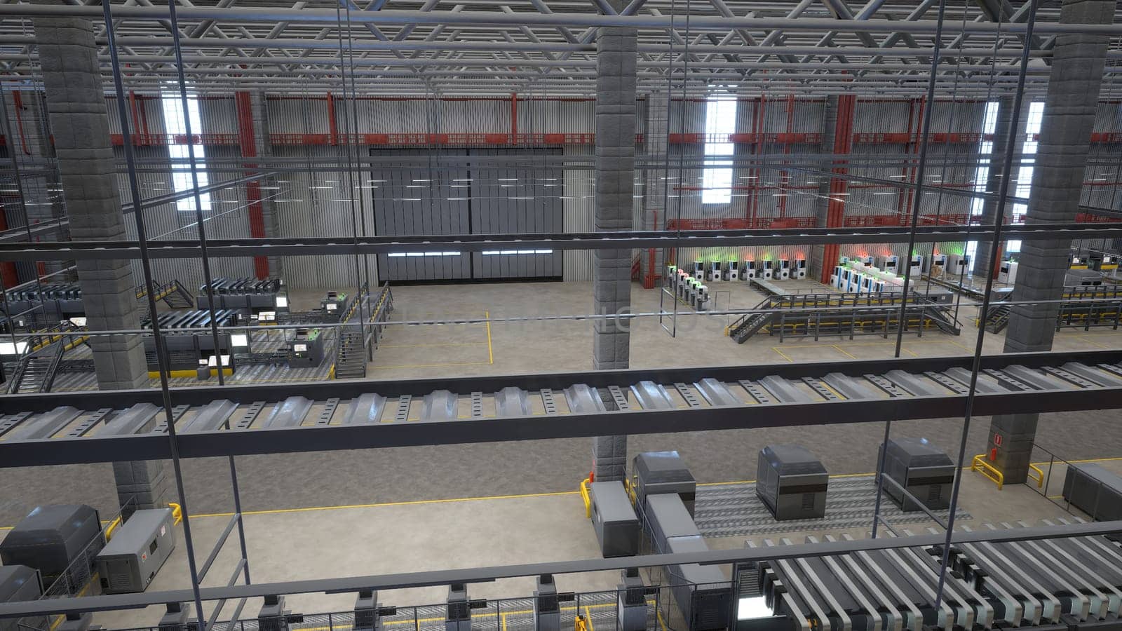 CNC machinery and assembly lines in industrial plant, 3D rendering by DCStudio