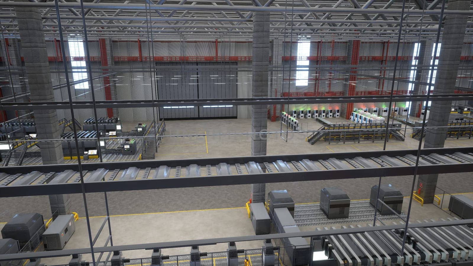 Industrial factory showcasing rows of high tech machines and assembly lines, 3D rendering. Manufacturing equipment in empty logistics depot with automatized processes and tasks