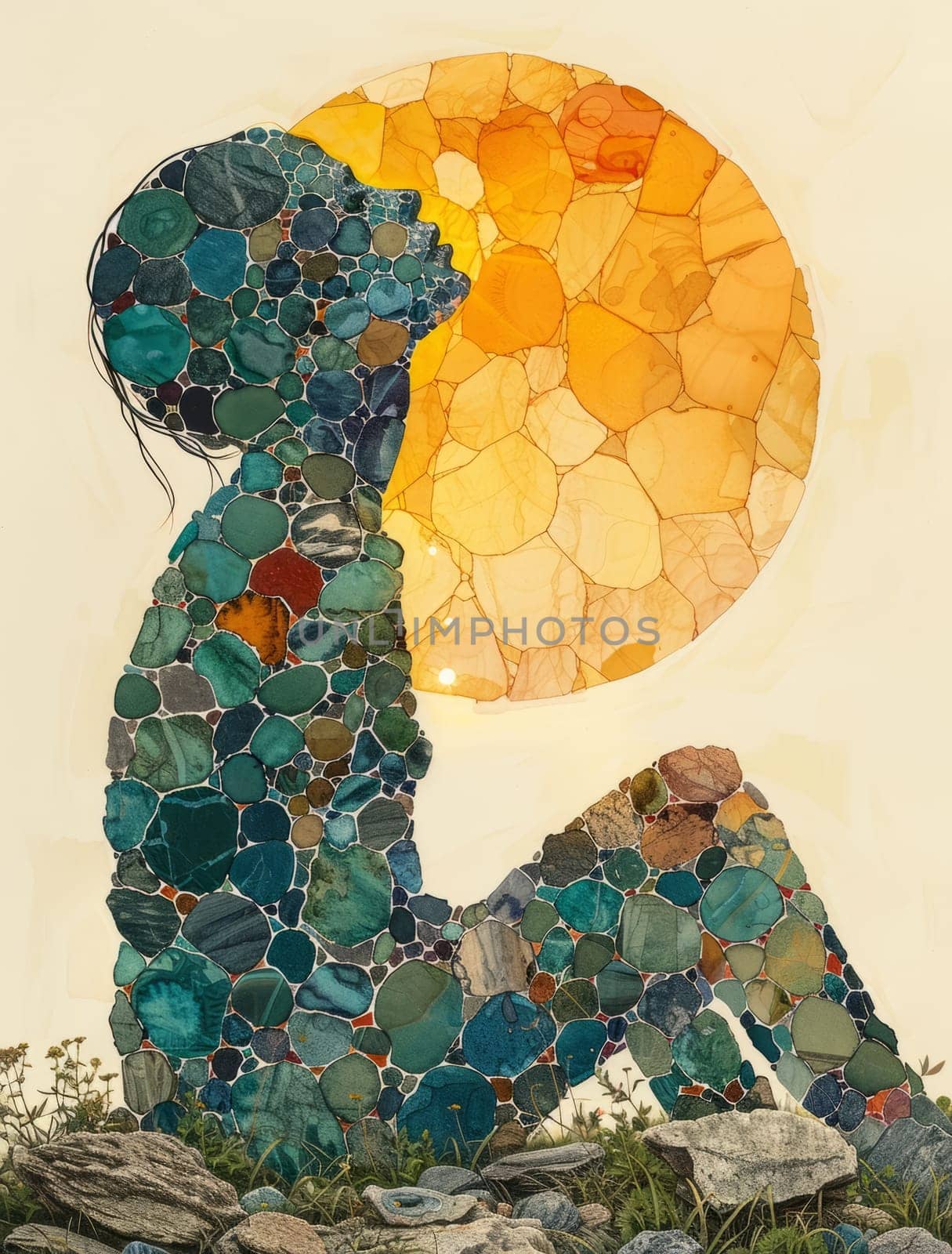 A Man is meditating and sun. Mosaic Art Print. Building yourself from pieces, yoga concept. Ai generated