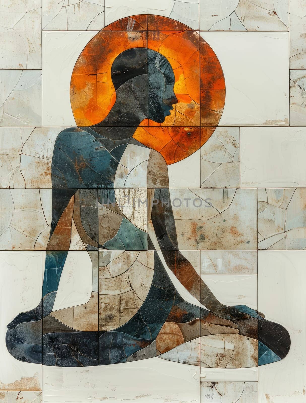A Man is meditating and sun. Mosaic Art Print. Building yourself from pieces, yoga concept. by iliris