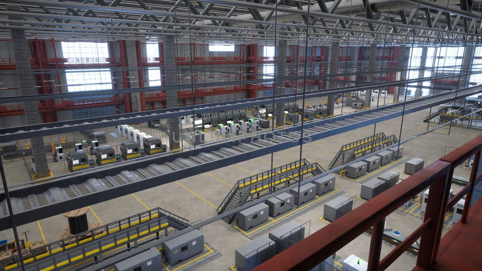 Manufacturing equipment in automated warehouse, aerial drone shot by DCStudio